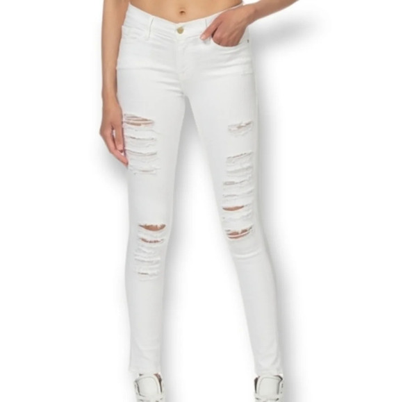 Frame Denim Le Skinny de Jeanne Jeans in Blanc White with Heavy Distressing 24 - Picture 1 of 16